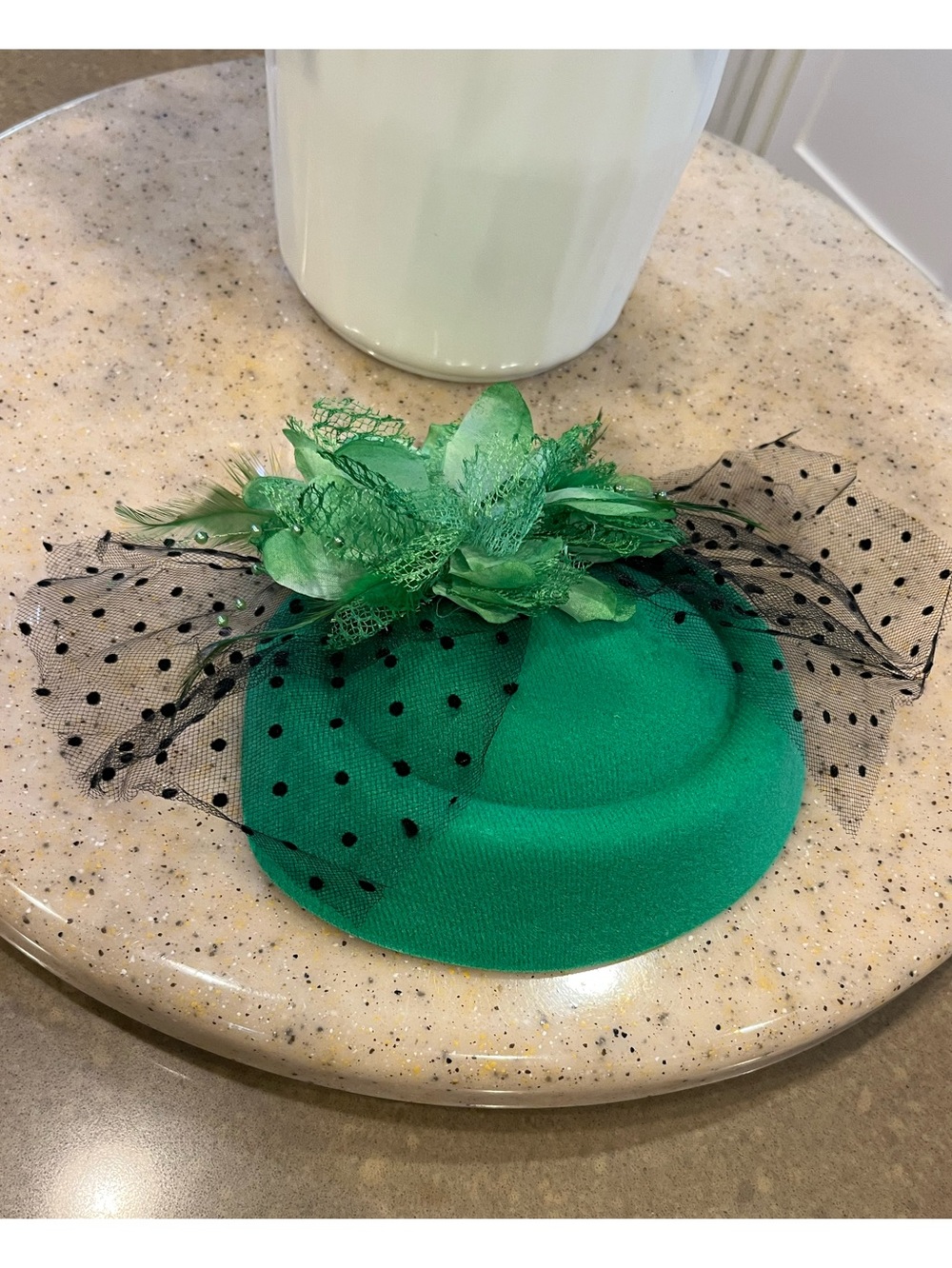 Green Floral Fascinator with Black Polka Dot Veil with Pearl Spray